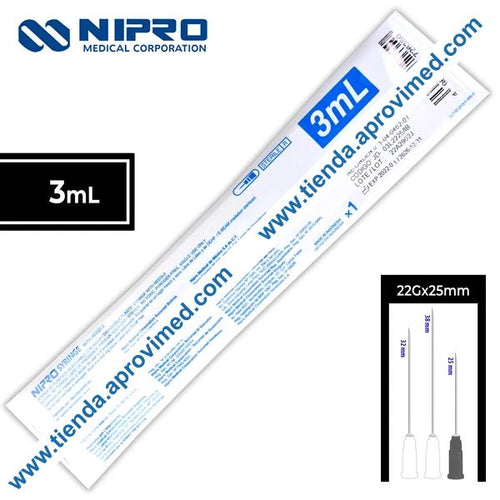 Jeringa hipodérmica de 3 ml con aguja 22G — 1 pieza