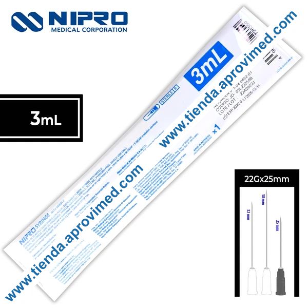 Jeringa hipodérmica de 3 ml con aguja 22G — 1 pieza