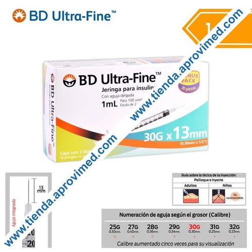 Jeringa desechable de insulina 1 ml con aguja integrada 30Gx13mm — Caja 30 pzs