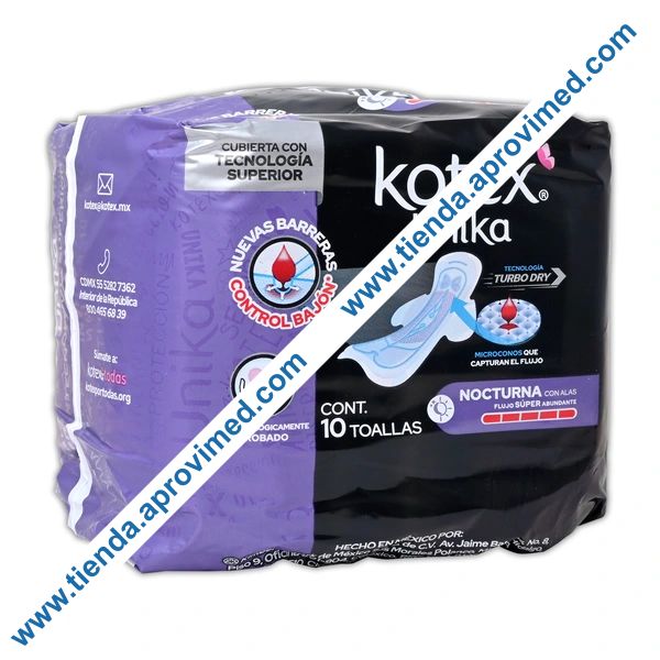 Toallas femeninas nocturnas con alas Kotex para flujo abundante - Paquete 10 pzas