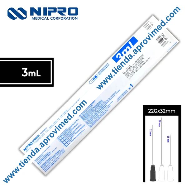 Jeringa hipodérmica de 3 ml con aguja 22G — 1 pieza