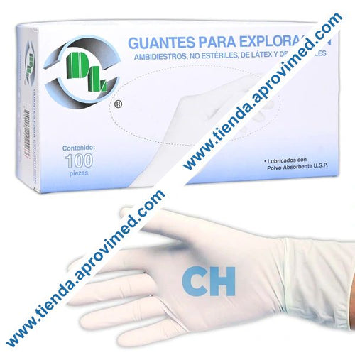 Guantes de látex para exploración — Caja con 100 piezas, talla chico