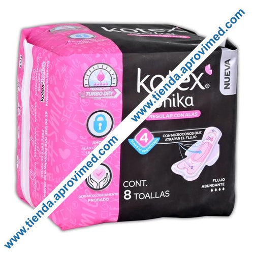 Toallas femeninas con alas Kotex Unika para flujo abundante — Paquete 8 pzas