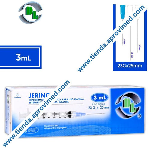 Jeringa hipodérmica 3 mL con aguja 23G — Paquete 5 piezas