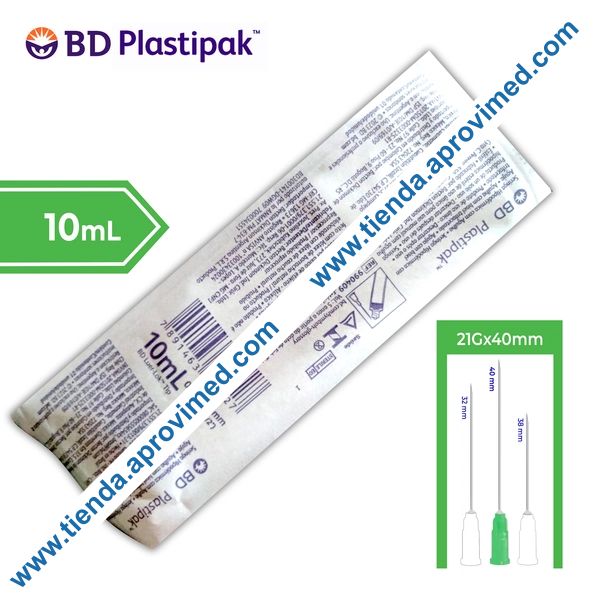Jeringa hipodérmica desechable de 10 ml con aguja 21G — 1 pza