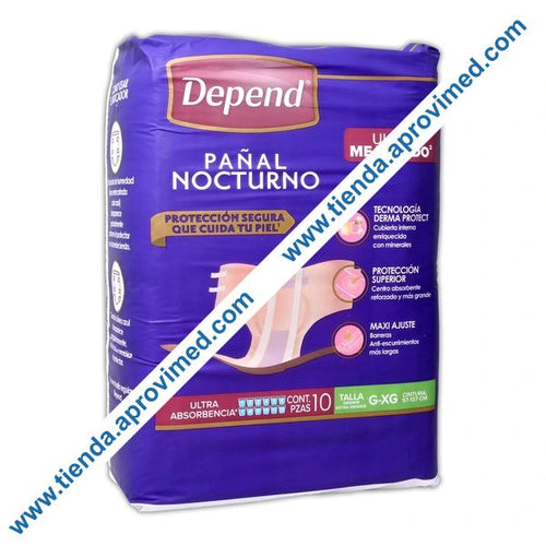 Pañales desechables nocturnos para adultos Depend Talla G-XG — Paquete 10 pzs