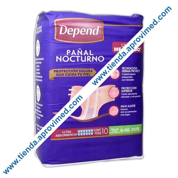 Pañales desechables nocturnos para adultos Depend Talla G-XG — Paquete 10 pzs