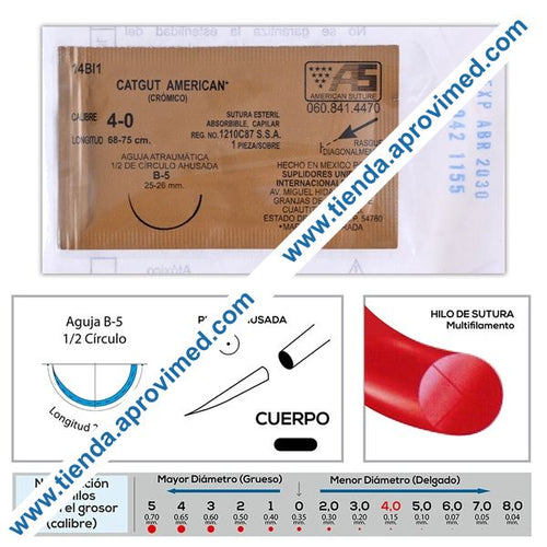 Sutura absorbible de catgut crómico 4-0 con aguja B-5 — 1 pieza