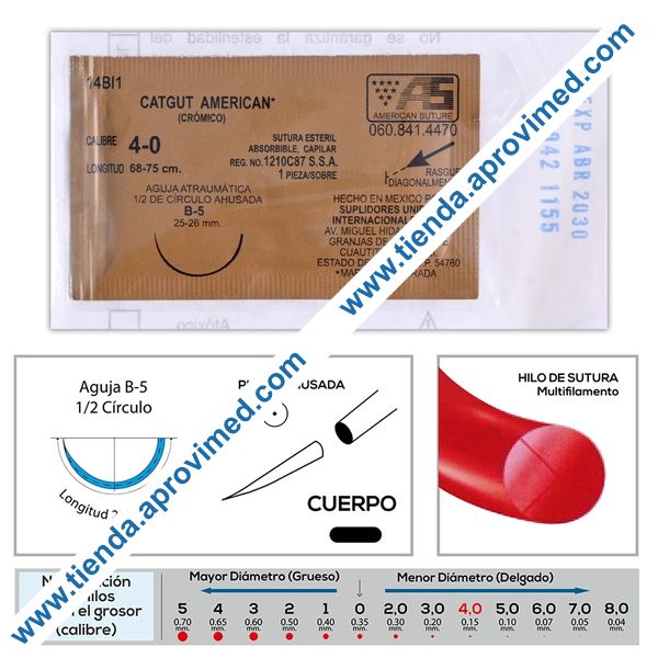 Sutura absorbible de catgut crómico 4-0 con aguja B-5 — 1 pieza