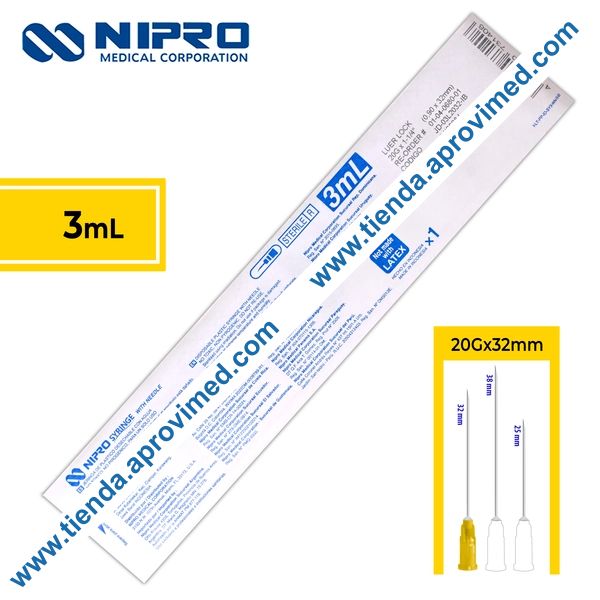 Jeringa hipodérmica 3 ml con aguja 20G para inyecciones precisas
