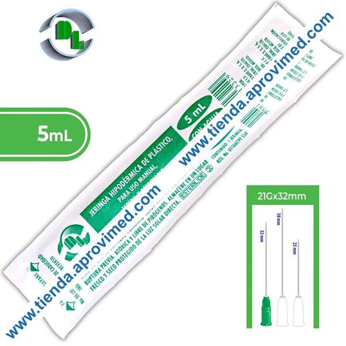 Jeringa hipodérmica desechable 5 ml con aguja verde de 21G