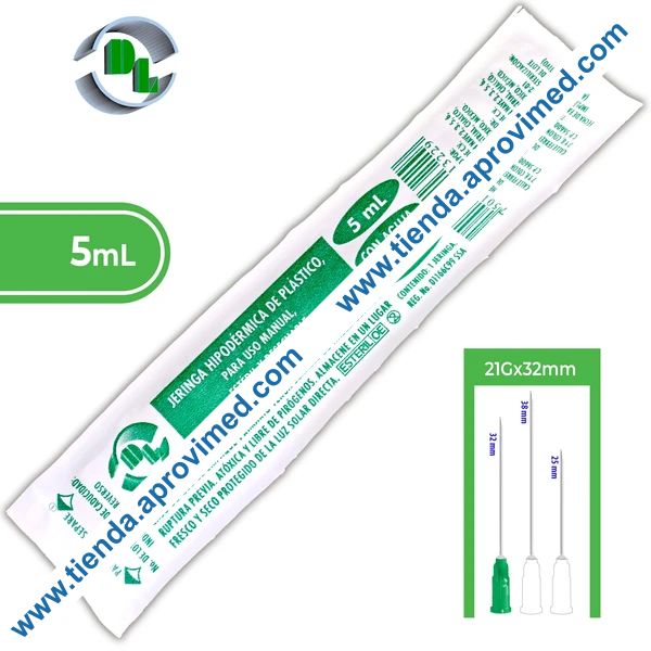 Jeringa hipodérmica desechable 5 ml con aguja verde de 21G