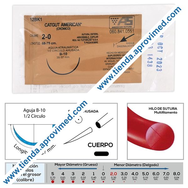 Sutura absorbible de catgut crómico 2-0 con aguja B-10 — 1 pza