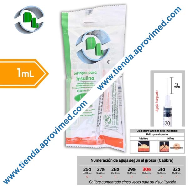 Jeringa de insulina con aguja integrada 1 ml — Paquete 5 pzas
