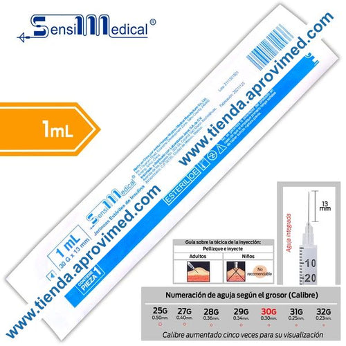 Jeringa de insulina con aguja integrada — 1 ml 30G x 13 mm