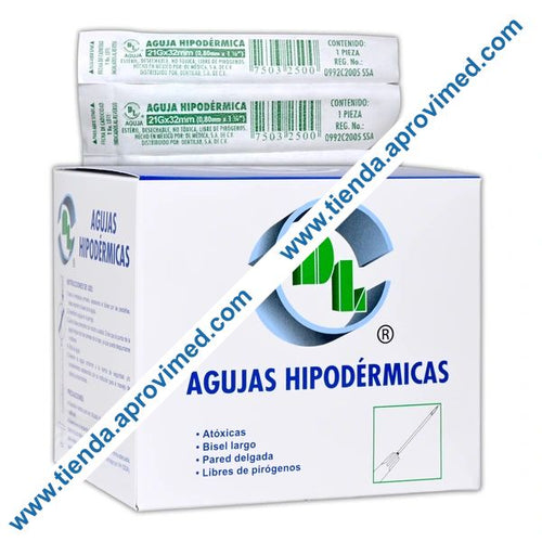 Aguja hipodérmica 21G de acero inoxidable — Caja 100 pzas
