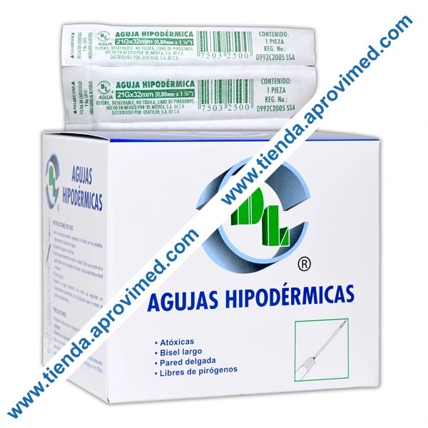 Aguja hipodérmica 21G de acero inoxidable — Caja 100 pzas