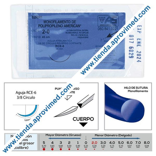 Sutura monofilamento de polipropileno 2-0 — 45 cm con aguja RCE-6