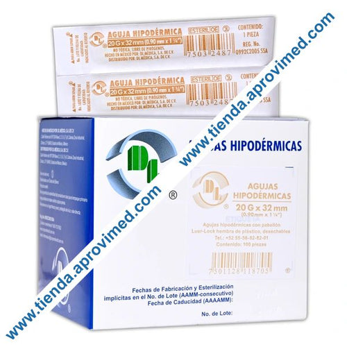 Agujas hipodérmicas desechables de 20G — Caja 100 piezas