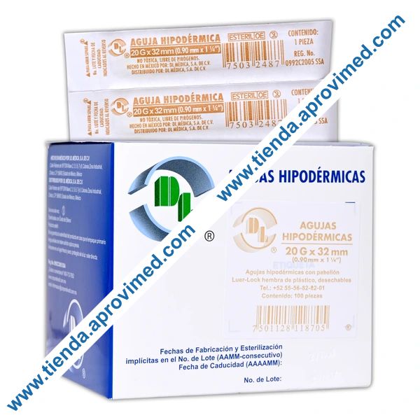 Agujas hipodérmicas desechables de 20G — Caja 100 piezas