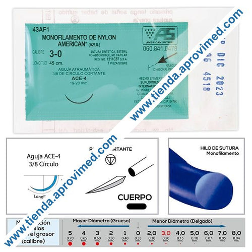 Sutura monofilamento de nylon azul 3-0 — 45 cm con aguja