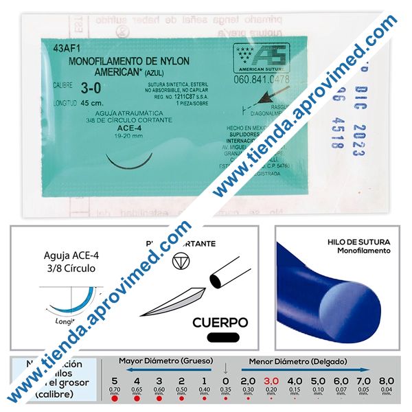 Sutura monofilamento de nylon azul 3-0 — 45 cm con aguja