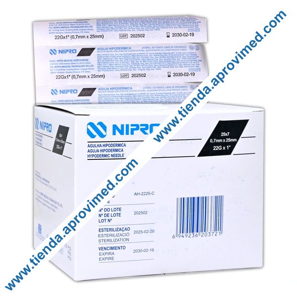 Aguja hipodérmica 22G Nipro para inyecciones — Caja 100 pzas
