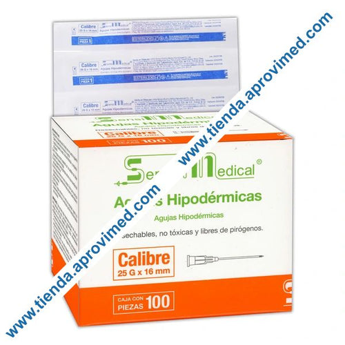 Agujas hipodérmicas desechables 25G x 16 mm — Caja 100 pzas