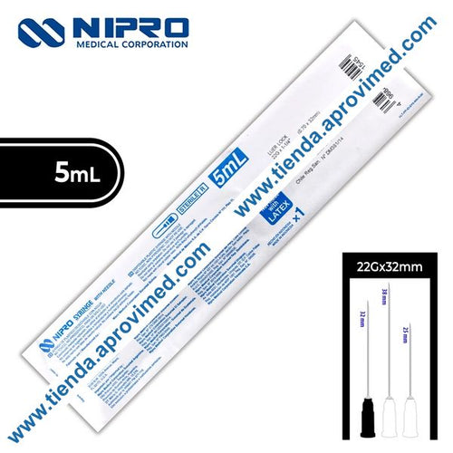 Jeringa hipodérmica de 5 ml con aguja 22G — 1 pieza
