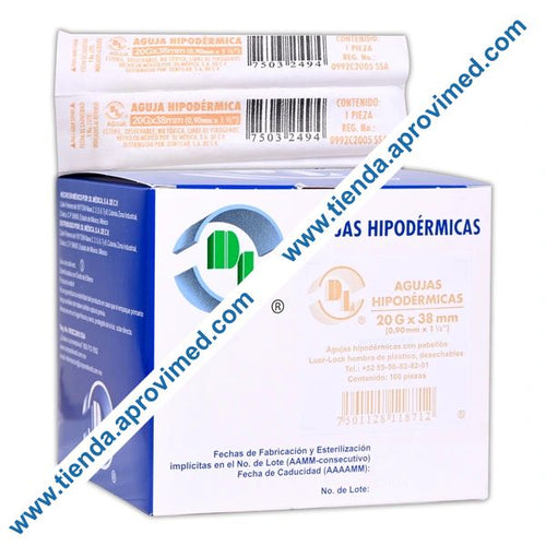 Agujas hipodérmicas desechables de 20G x 38mm — Caja con 100 piezas