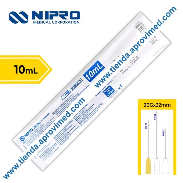Jeringa hipodérmica de 10 ml con aguja amarilla de 20G — 1 pza
