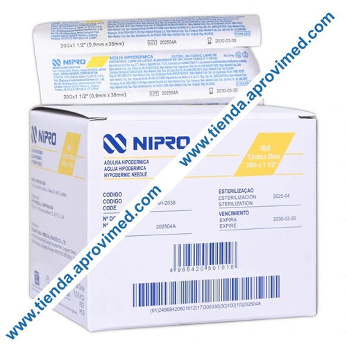 Aguja hipodérmica larga de 20G Nipro para inyecciones — Caja 100 pzas
