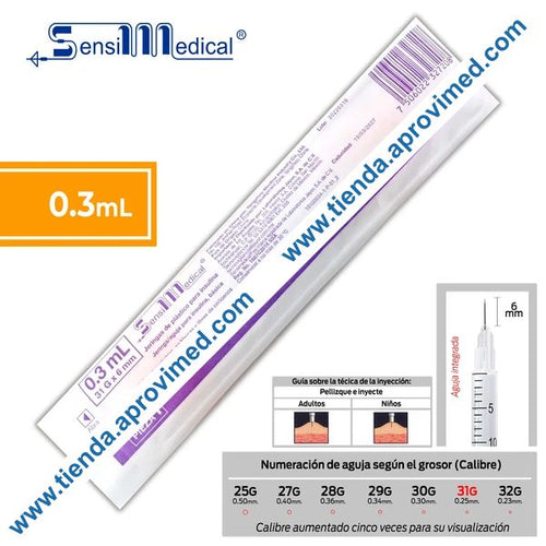 Jeringa de insulina 0.3 ml con aguja integrada 31G — 1 pza