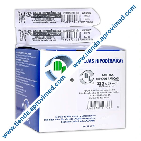 Aguja hipodérmica de acero inoxidable 22G x 1-1/4" — Caja 100 pzas