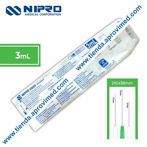 Jeringa hipodérmica 3 ml con aguja verde de 21G — 1 pieza