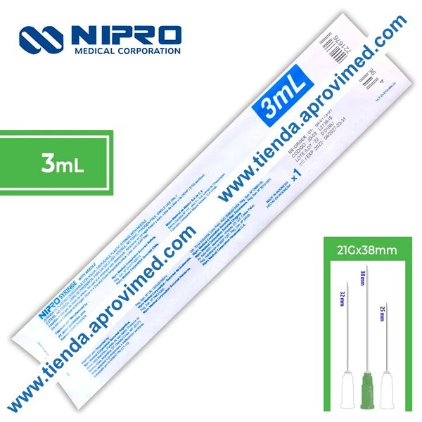 Jeringa hipodérmica de 3 ml con aguja 21G — 1 pieza