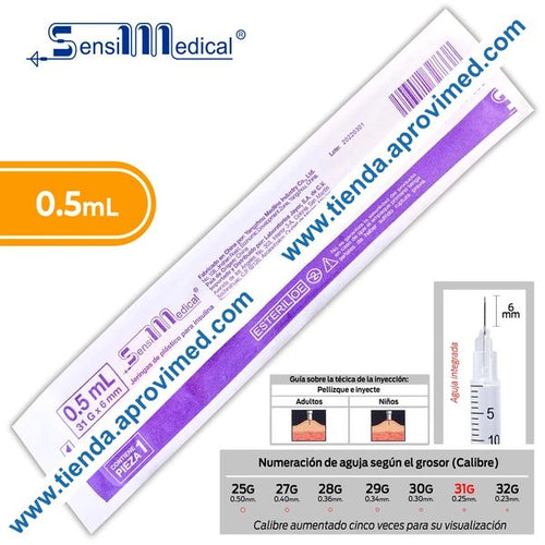Jeringa de insulina 0.5 ml con aguja integrada 31G — 1 pza