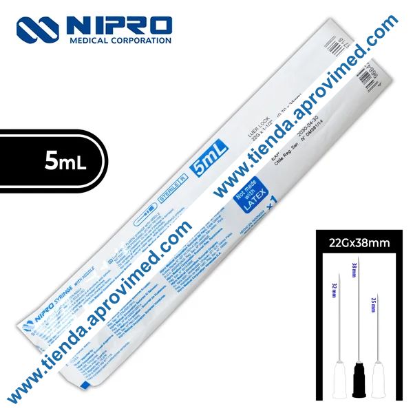 Jeringa hipodérmica de 5 mL con aguja 22G — 1 pieza