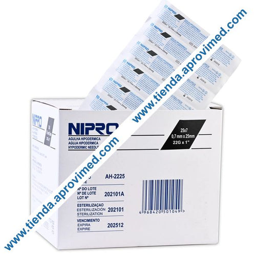 Aguja hipodérmica 22G Nipro — Caja con 100 piezas