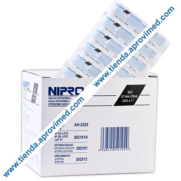 Aguja hipodérmica 22G Nipro — Caja con 100 piezas