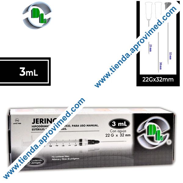 Jeringas desechables de 3 ml con aguja 22G — Paquete de 5 piezas