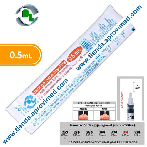 Jeringa de insulina 0.5 ml con aguja integrada 31G x 8 mm — 1 pza