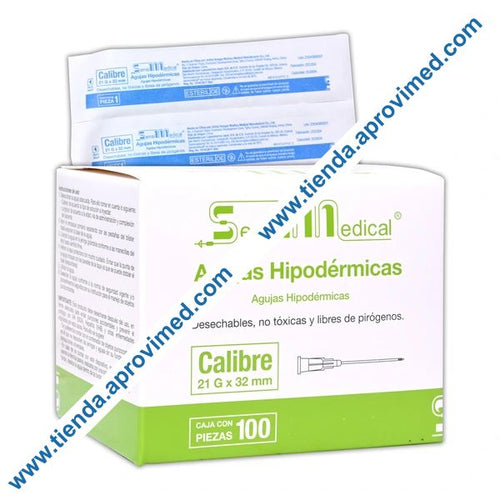 Aguja hipodérmica desechable 21G de 32 mm — Caja con 100 piezas