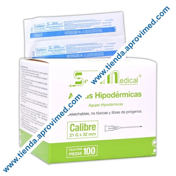 Aguja hipodérmica desechable 21G de 32 mm — Caja con 100 piezas