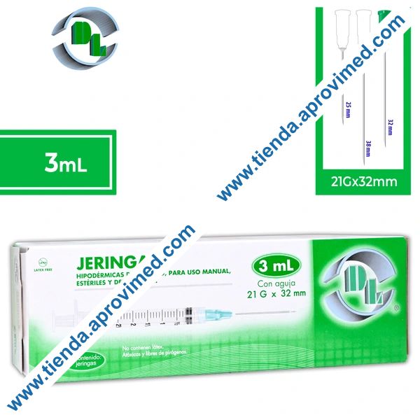 Jeringa hipodérmica desechable de 3 ml con aguja 21G - Paquete 5 pzas