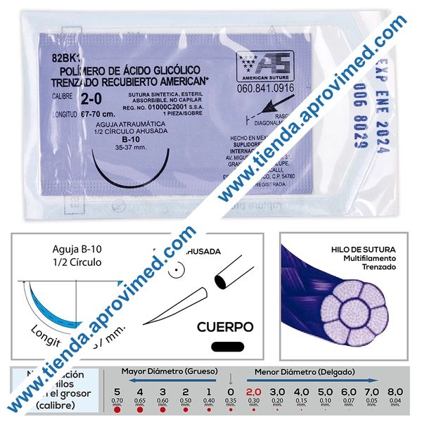Sutura absorbible de ácido glicólico para cirugía — 1 pza