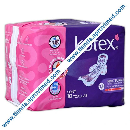 Toallas femeninas nocturnas con alas Kotex para flujo abundante - Paquete 10 pzas