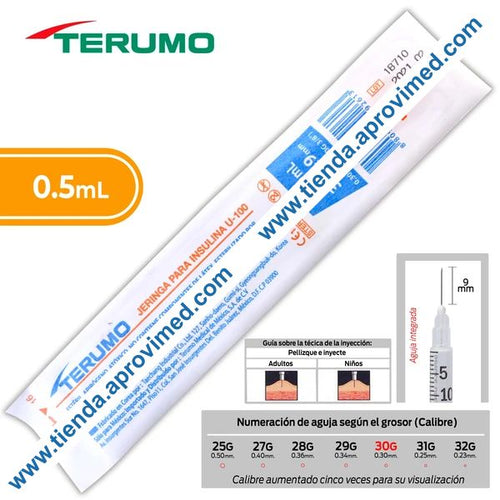 Jeringa de insulina de 0.5 ml con aguja integrada 30G x 9 mm