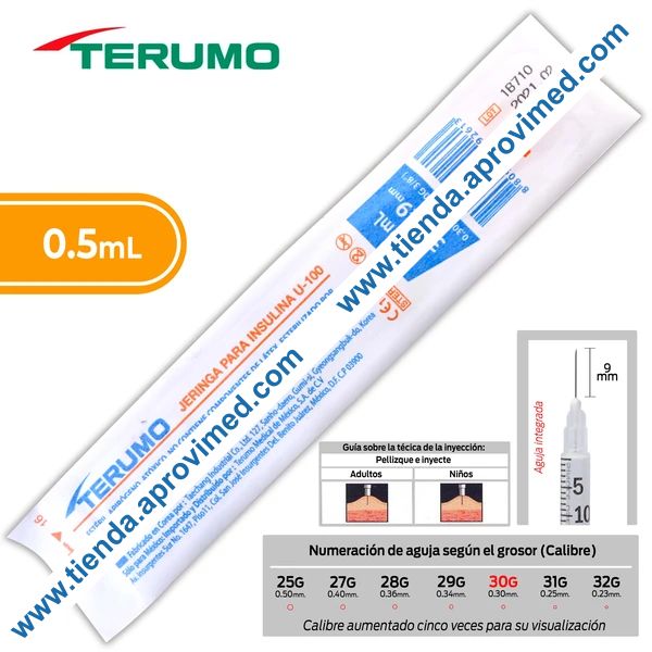 Jeringa de insulina de 0.5 ml con aguja integrada 30G x 9 mm
