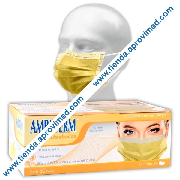 Cubrebocas quirúrgico plisado color amarillo — Caja con 50 piezas